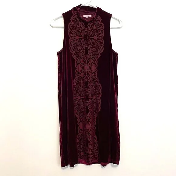 MAURICES Velvet Shift Dress Burnout Pattern Burgundy Maroon Red High Neck Velour - Picture 2 of 12